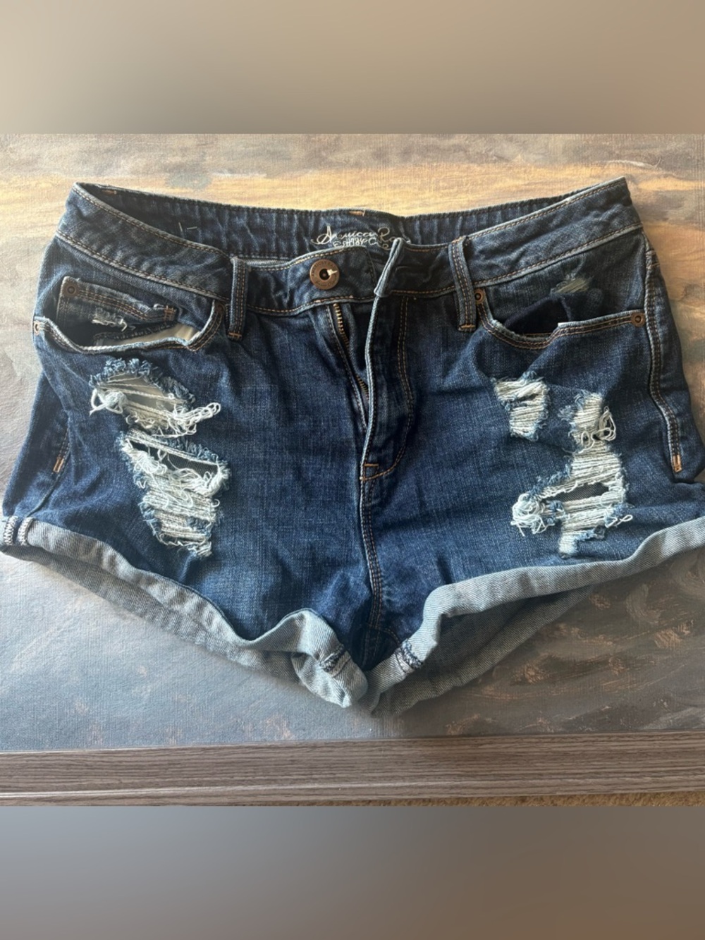 American Rag Distressed Dark Blue Roll-Cuff Jean Shorts Size 7